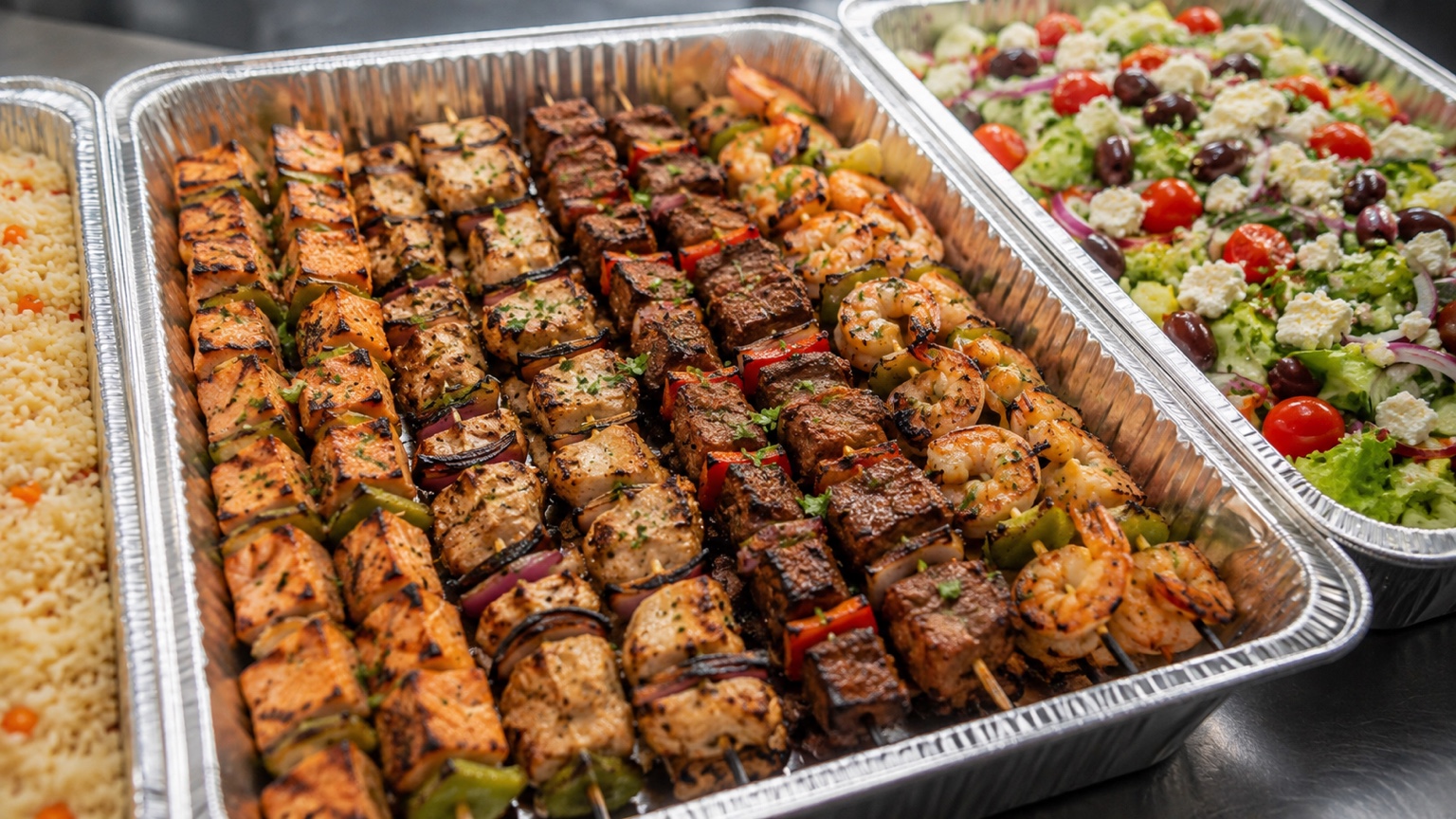 Blue Waters catering trays with grilled kebabs and fresh salad