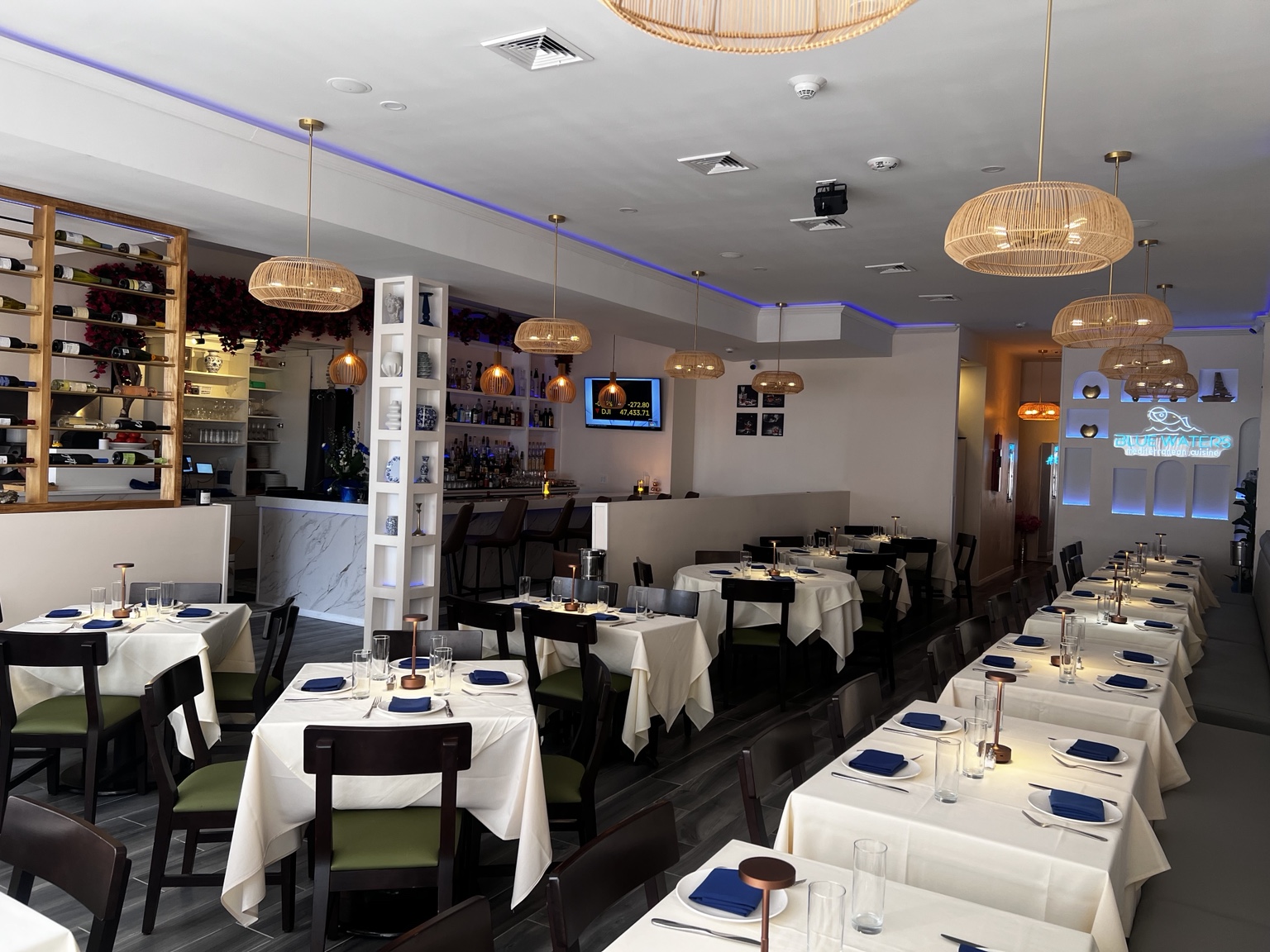 The dining room at Blue Waters, set for a Mediterranean dining experience